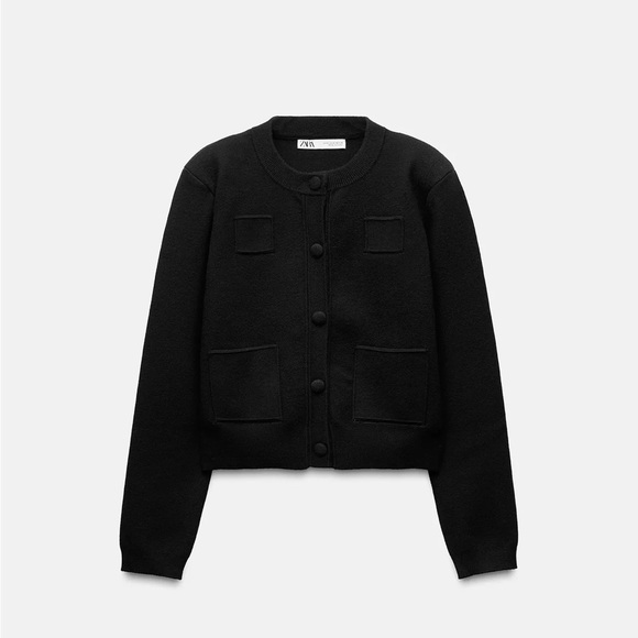 NWOT Zara Plain Knit Shoulder Pad Cardigan Jacket in Black size L - Picture 2 of 13